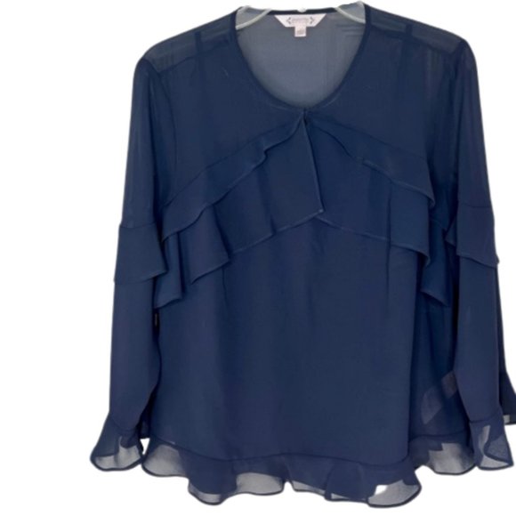 Nanette Lepore Sheer Navy Blue L/S Ruffled Blouse Top w/Cami - L - Picture 2 of 8